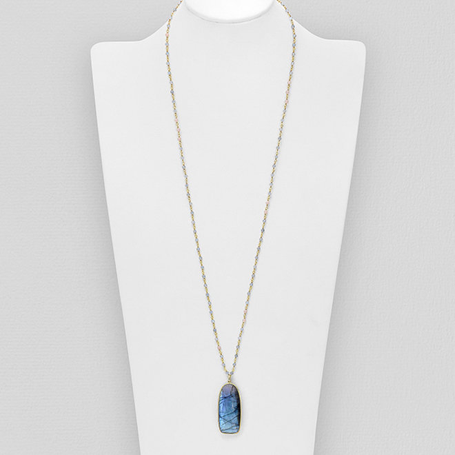 Gold plated 925 Zilveren ketting met  peach maansteen en grote labradoriet hanger