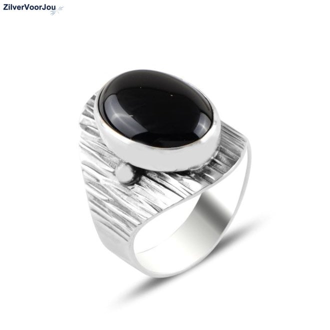 Zilveren ovale zwarte onyx ring