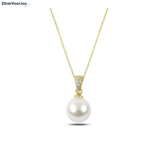 Zilveren witte parel ketting met witte zirkoon, rhodium