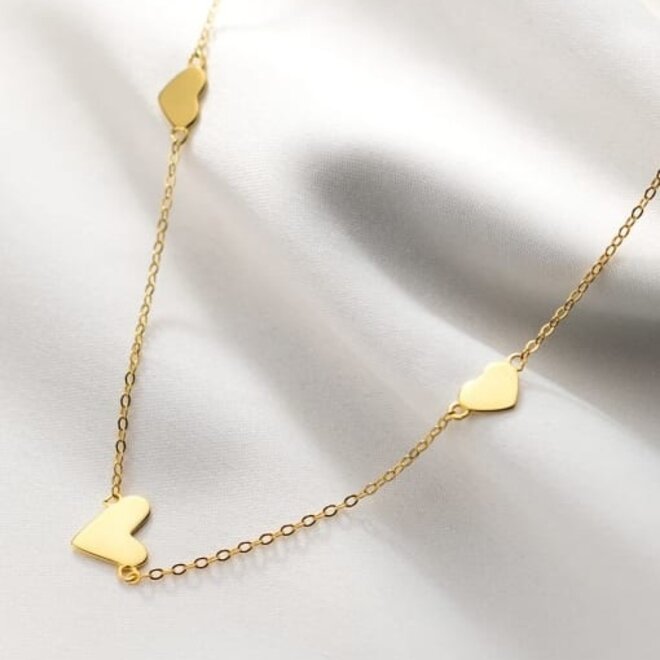 Zilveren 3 hartjes ketting  gold plated