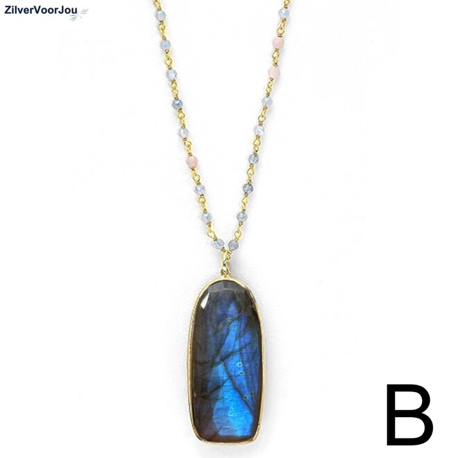 Gold plated 925 Zilveren ketting met  peach maansteen en grote labradoriet hanger