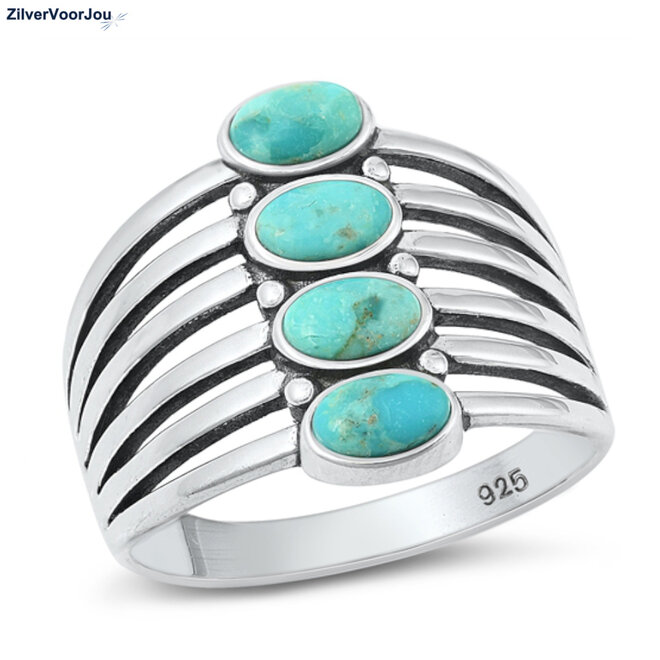 Zilveren  natuurlijke turquoise ring met 4 stenen