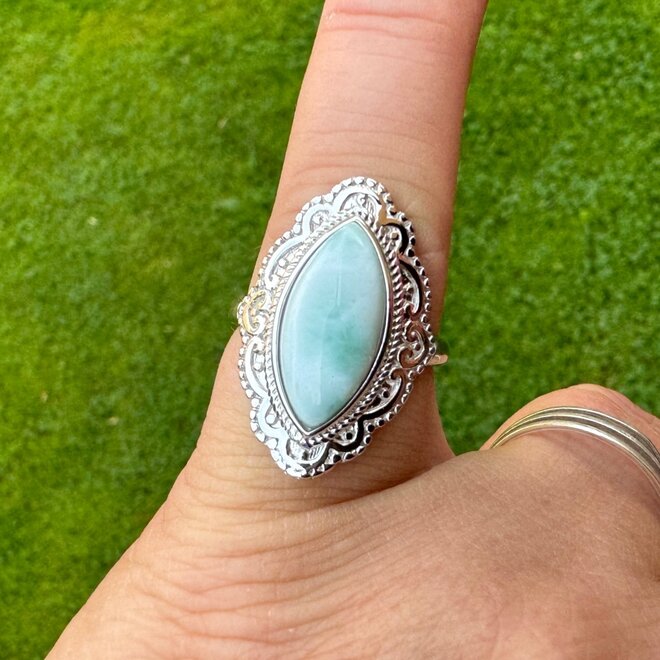 Zilveren blauw groene larimar sier ring ringmaat 18