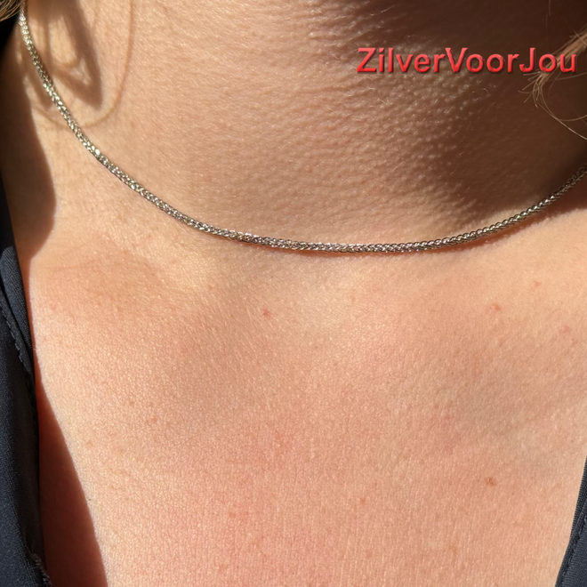 Zilveren square spiga rhodium ketting 40 cm