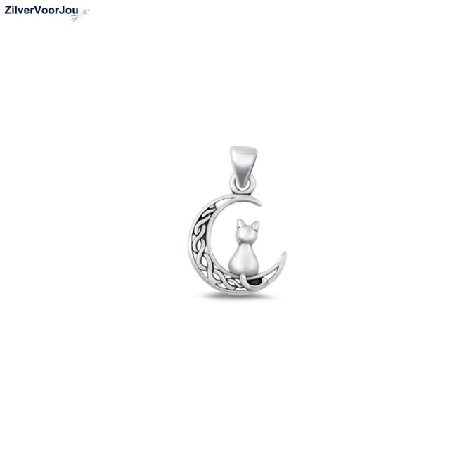 Zilveren poes in Keltische maan kettinghanger