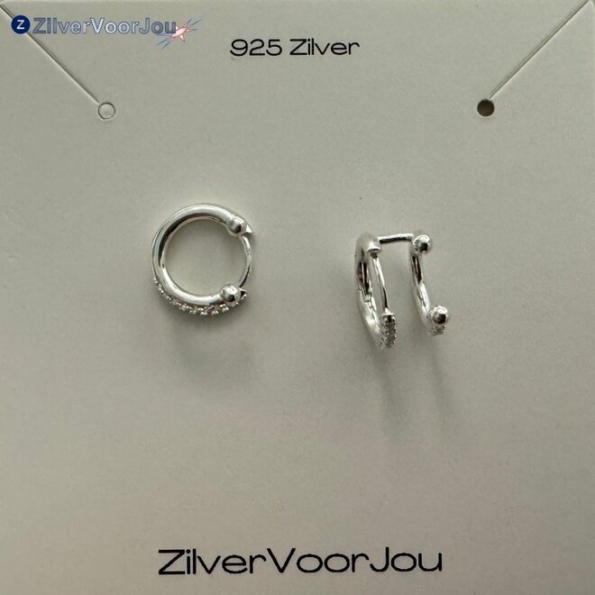 Zilveren dubbele oorring bezet met rij zirkonia