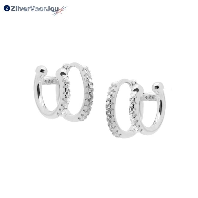 Zilveren dubbele oorring bezet met rij zirkonia