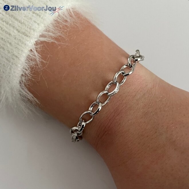 Zilveren schakelarmband met 3 shiny schakels gerhodineerd