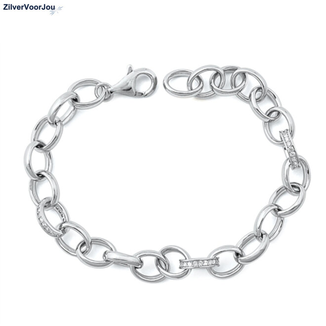Zilveren schakelarmband met 3 shiny schakels gerhodineerd