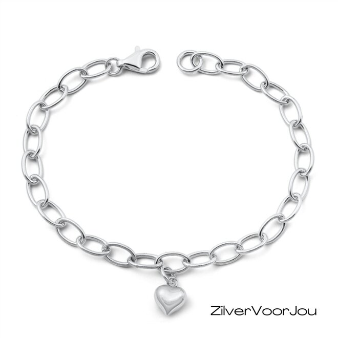 Zilveren ovale schakelarmband met hart hanger