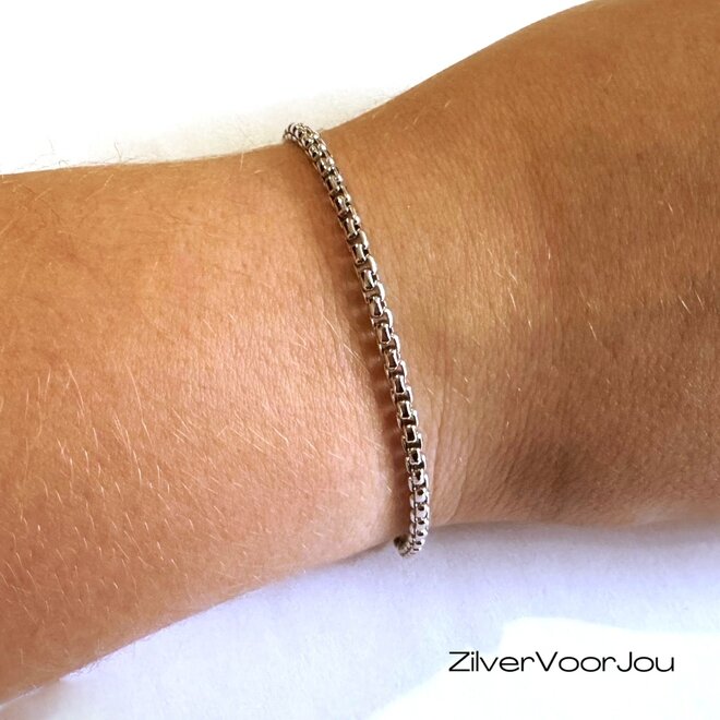 Zilveren ronde box schakel armband rhodium