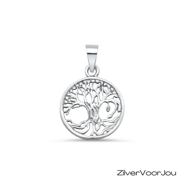 Zilveren ronde levensboom hanger
