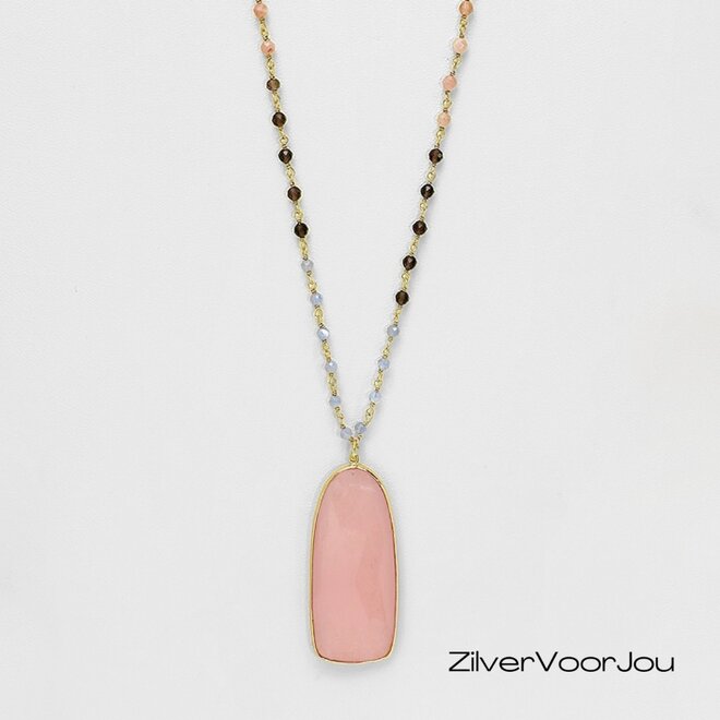 Gold plated 925 zilveren  rozenkwarts ketting