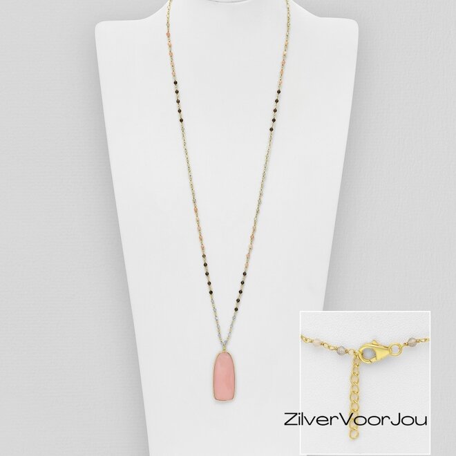 Gold plated 925 zilveren  rozenkwarts ketting