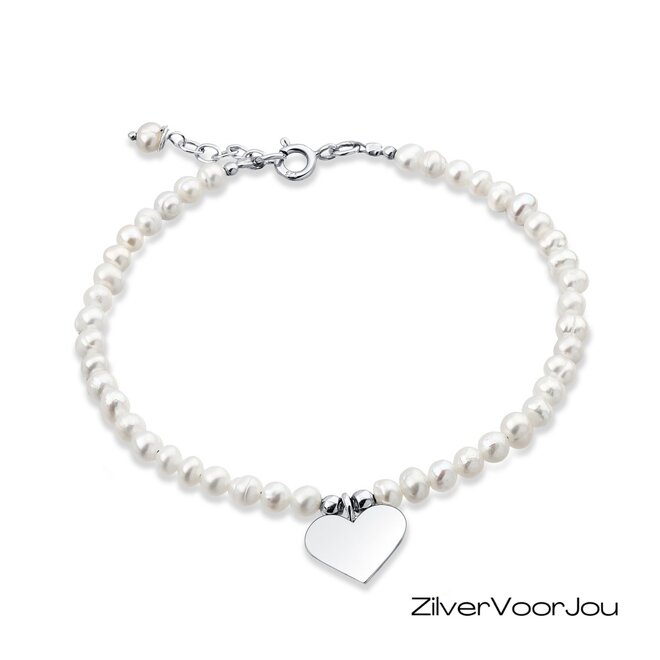 Zilveren hart zoetwaterparel armband