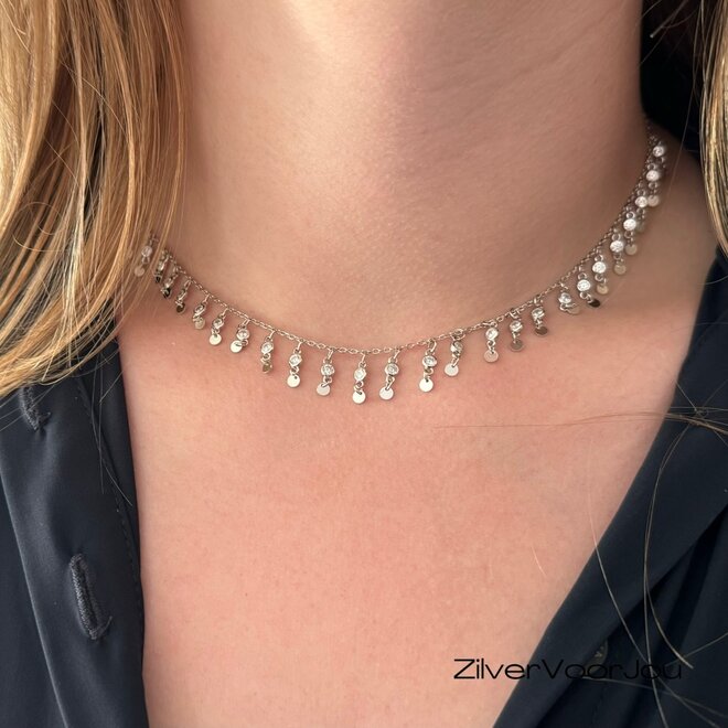 Zilveren ibiza style ketting witte zirkonia