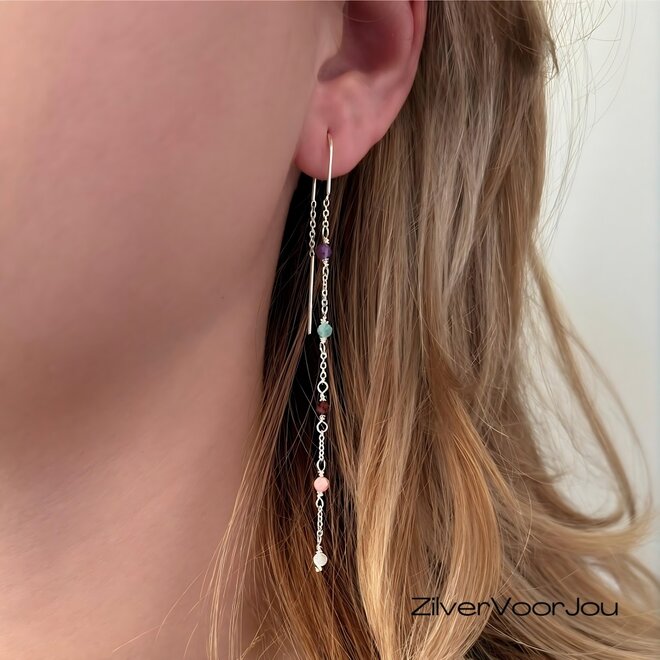 Zilveren amazoniet amethist granaat maansteen rhodoniet doortrek oorbellen