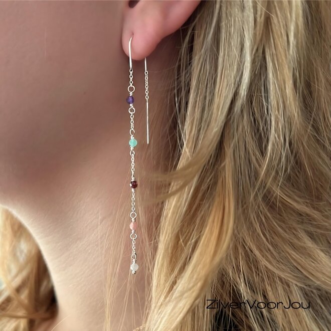 Zilveren amazoniet amethist granaat maansteen rhodoniet doortrek oorbellen