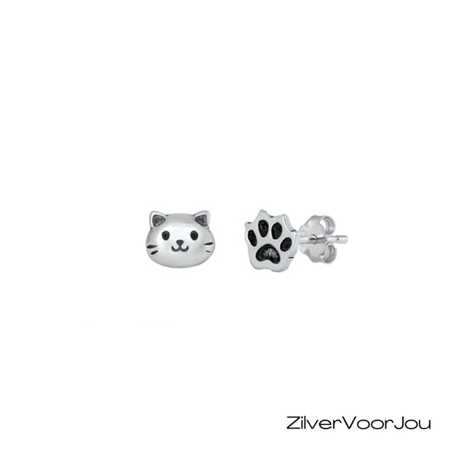 Zilveren cat and paw studs