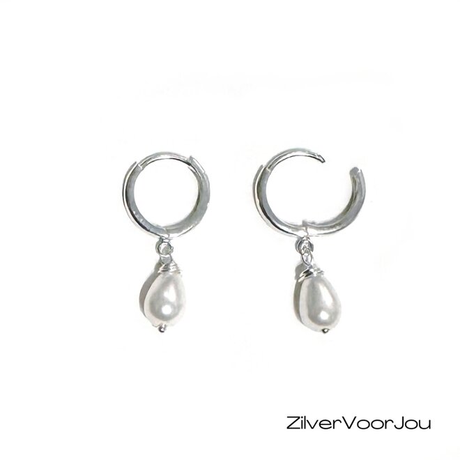 925 zilveren klapcreolen met witte parel