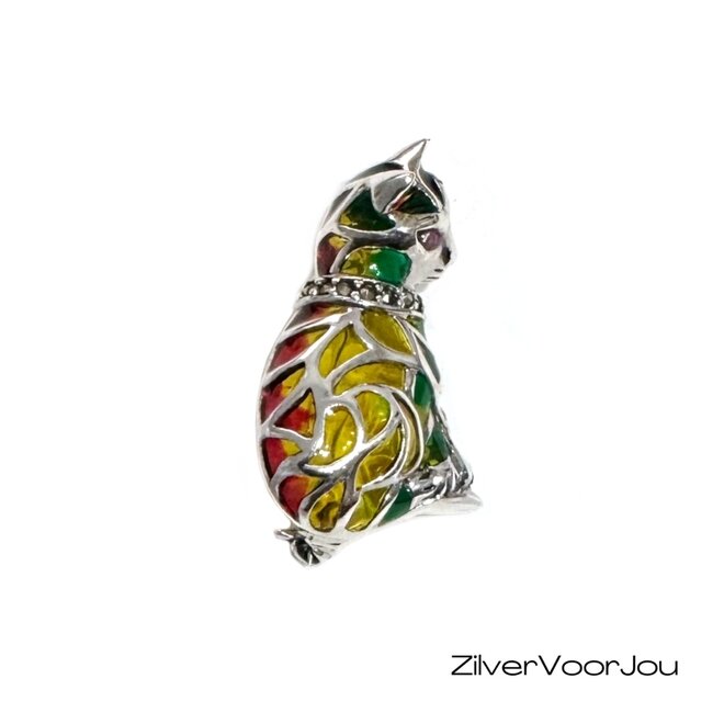 Zilveren kleurrijke poes broche