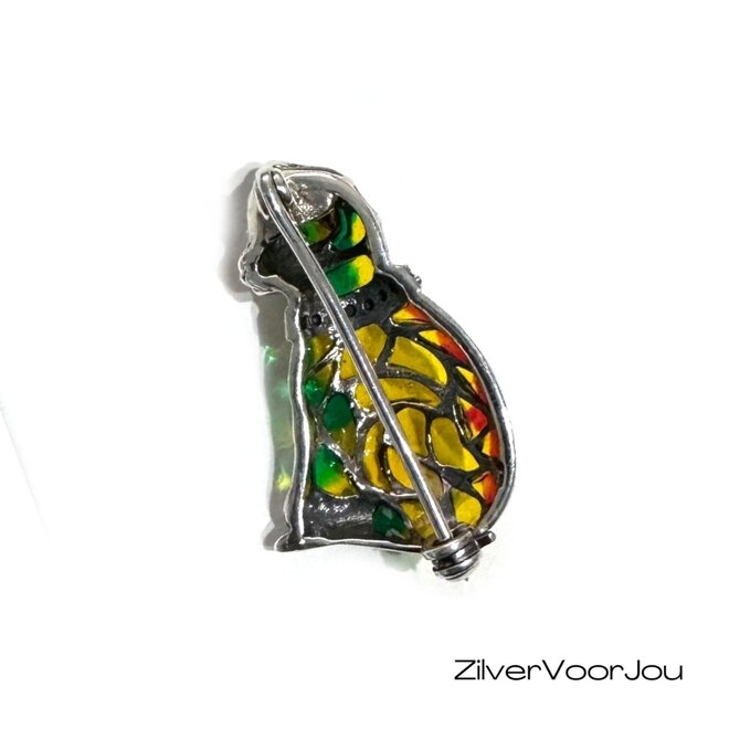 Zilveren kleurrijke poes broche