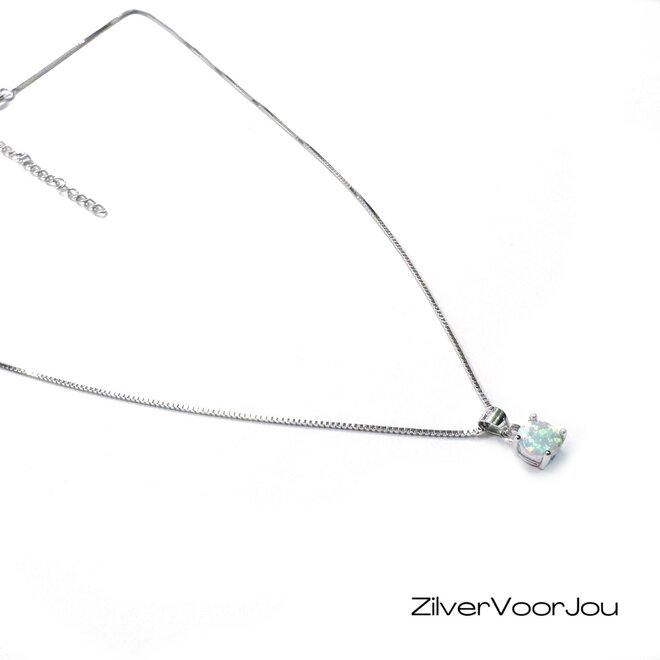 Zilveren ronde opaal ketting rhodium