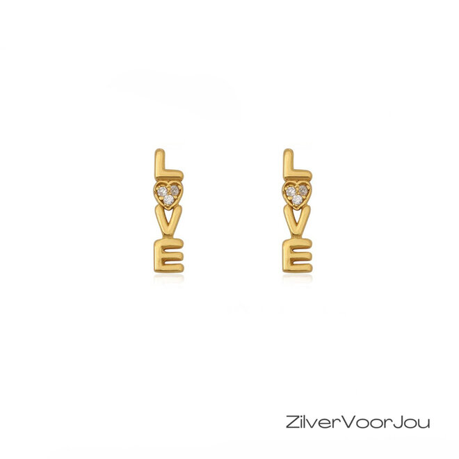 Gold plated 925 zilveren LOVE oorstekers witte zirkonia