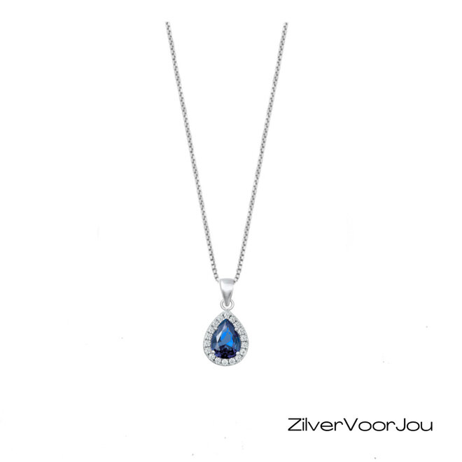Zilveren saffier blauwe druppel ketting