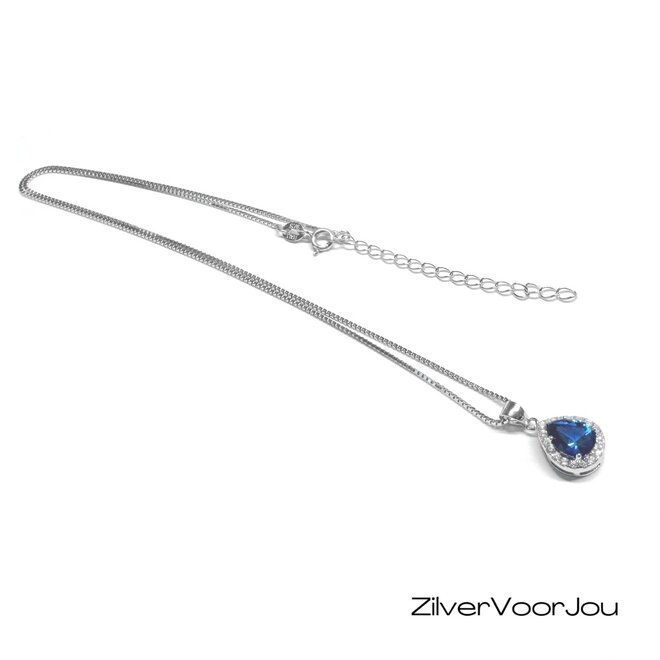 Zilveren Druppel Hanger Ketting met Saffier cz – 925 Zilver Rhodium – 40-45 cm