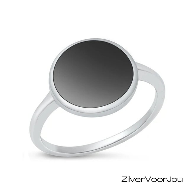 Zilveren ronde zwarte agaat ring