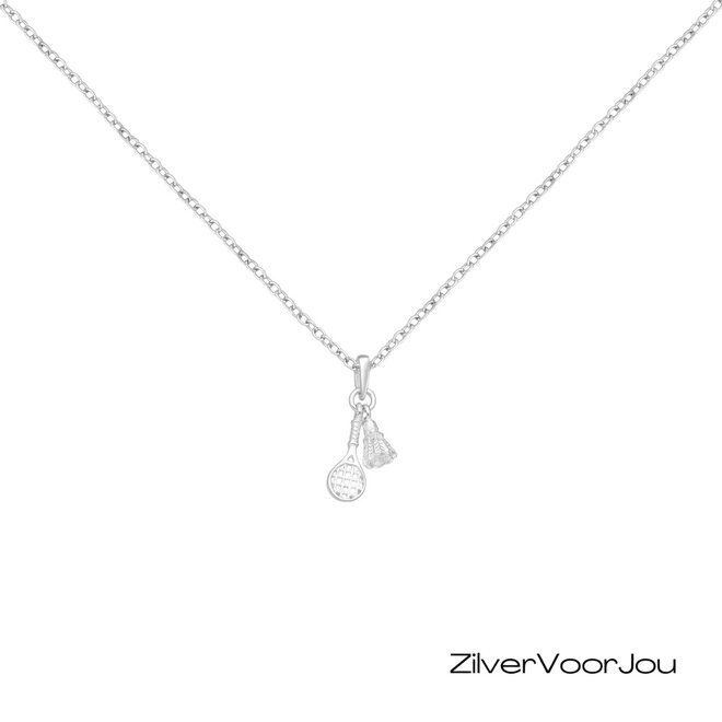 Zilveren badminton racket en shuttle ketting