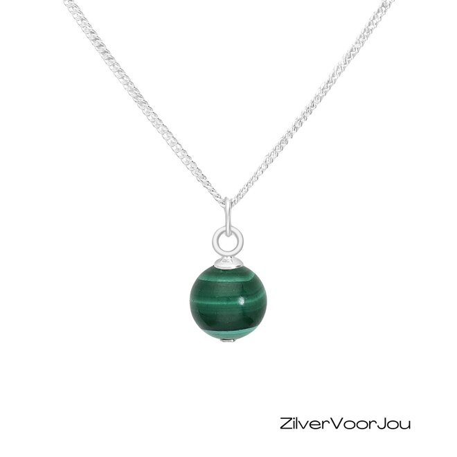 925 zilveren ketting met 8 mm malachiet bol – verstelbare lengte