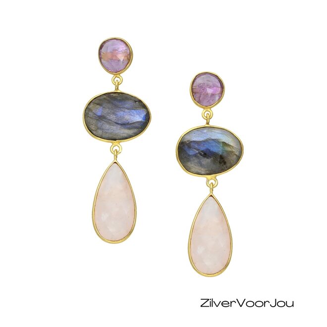 Exclusieve 925 zilveren oorstekers gold plated bezet met amethist labradoriet en rozenkwarts