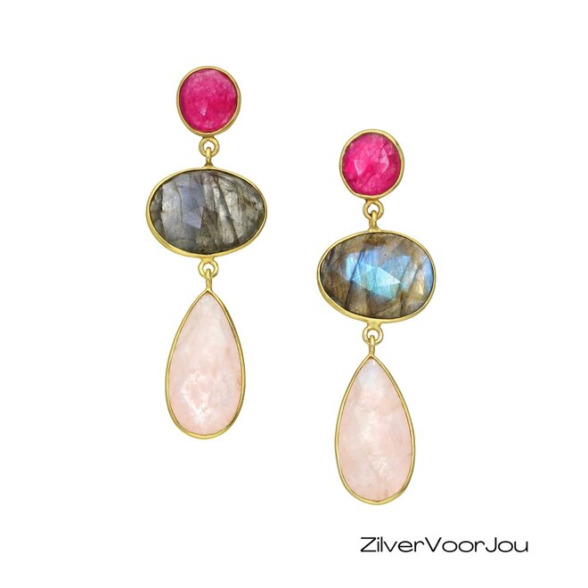 Oorsteker 925 zilver gold plated met roze jade, labradoriet en rozenkwarts