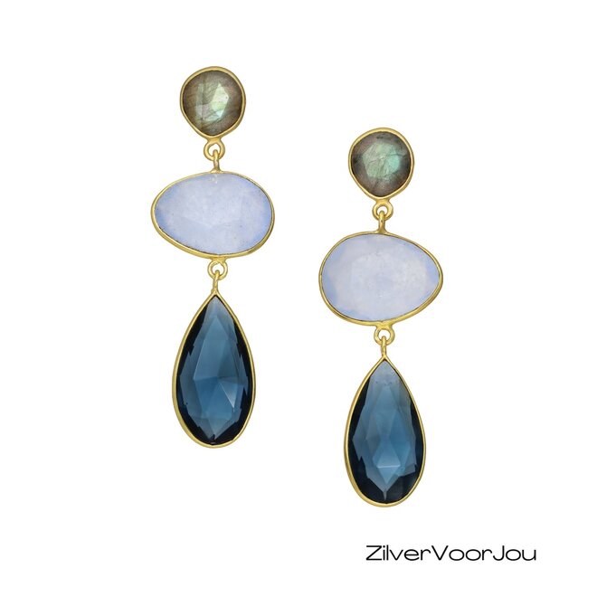 Oorbellen 925 zilver gold plated met labradoriet, chalcedoon jade en ioliet