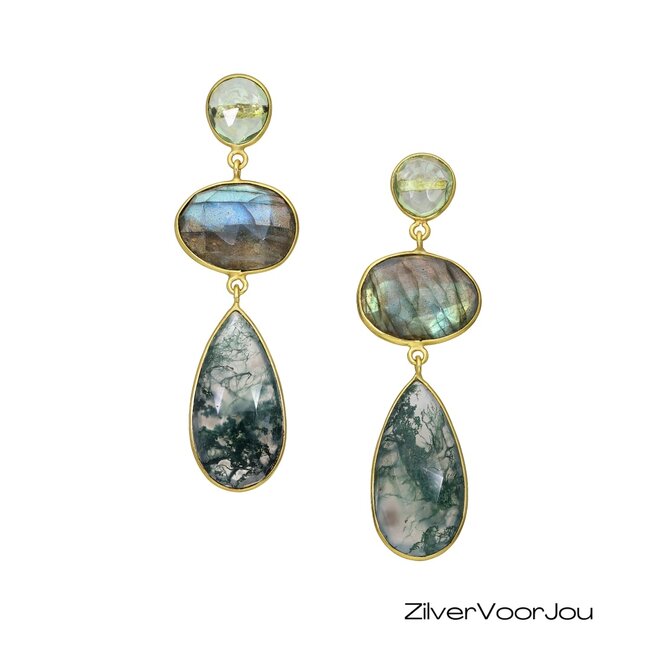 Exclusieve 925 zilveren oorbellen gold plated, bezet met groene amethist, labradoriet en mosagaat