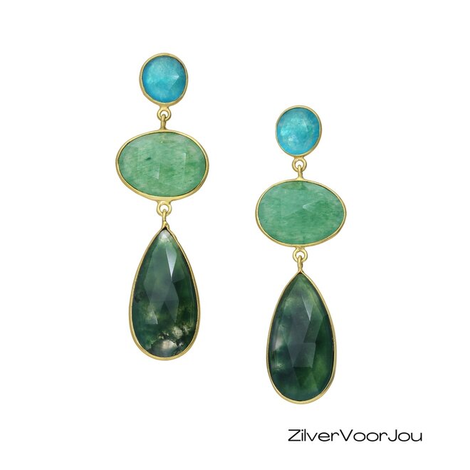 Exclusieve 925 zilveren oorbellen gold plated met groene aventurijn, jade en mosagaat