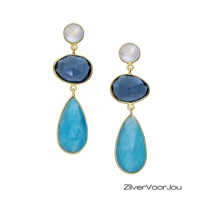 Oorbellen zilver gold plated met ioliet, kwarts en chalcedoon jade