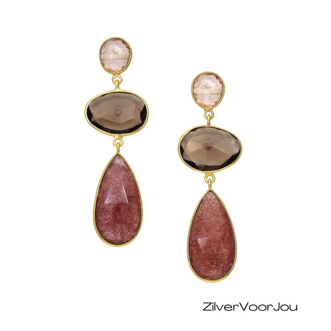 Oorbellen zilver gold plated met morganiet, rookkwarts en strawberry kwarts