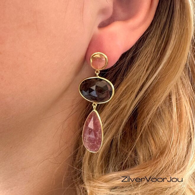 Oorbellen zilver gold plated met morganiet, rookkwarts en strawberry kwarts