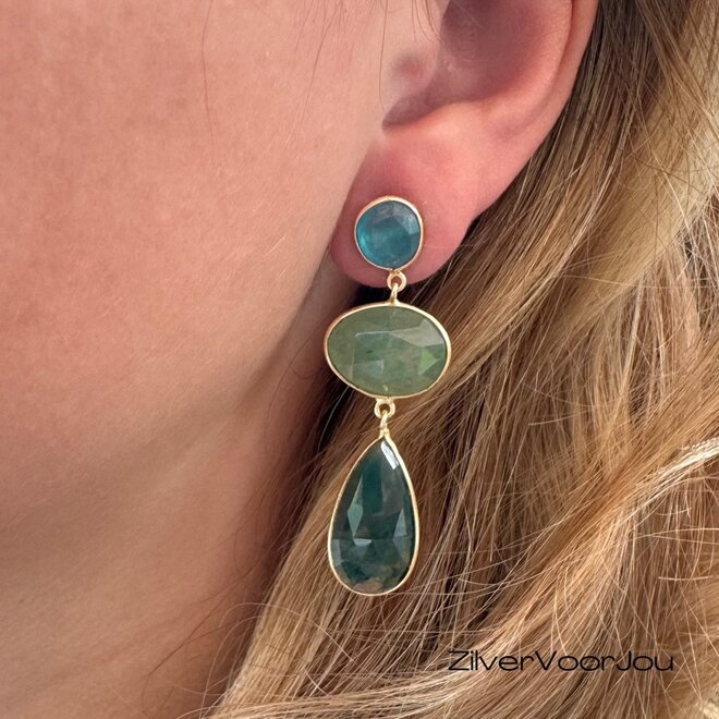 Exclusieve 925 zilveren oorbellen gold plated met groene aventurijn, jade en mosagaat