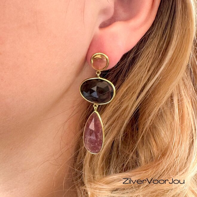 925 zilveren oorbellen gold plated met morganiet, rookkwarts en strawberry kwarts