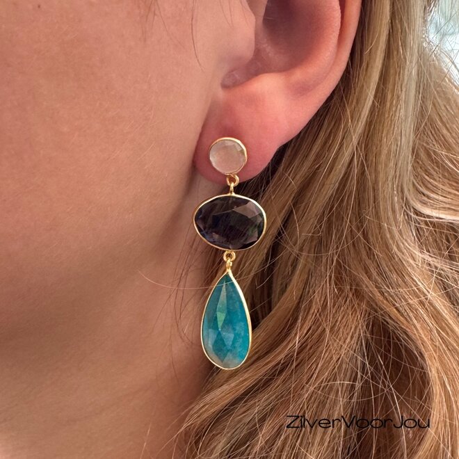 925 zilveren oorbellen gold plated met ioliet, groene kwarts en chalcedoon jade