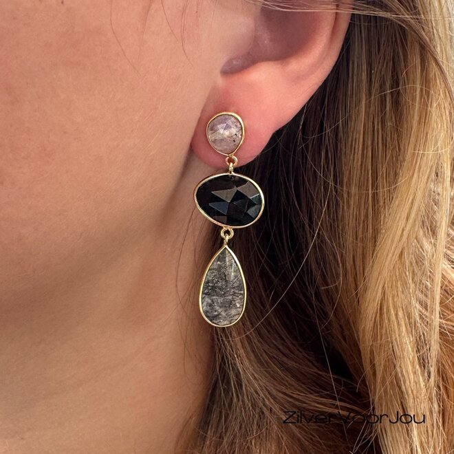Oorbellen 925 zilver gold plated met rutielkwarts, onyx en maansteen
