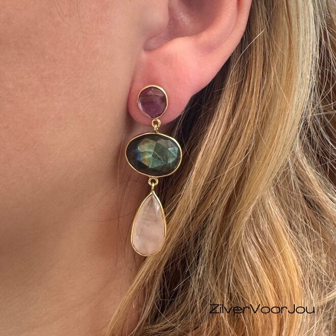 Exclusieve 925 zilveren oorstekers gold plated bezet met amethist labradoriet en rozenkwarts