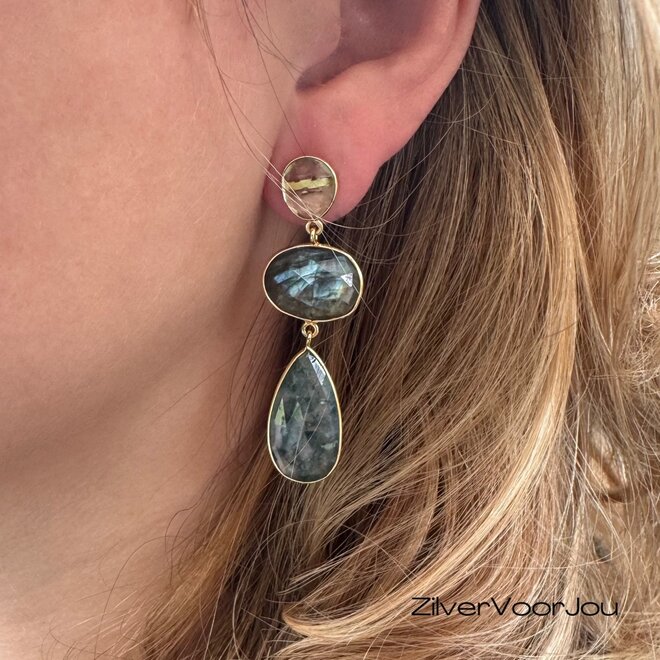 Exclusieve 925 zilveren oorbellen gold plated, bezet met groene amethist, labradoriet en mosagaat