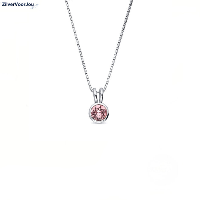 925 Zilveren ketting met lichtroze kristal 925 zilver rhodium