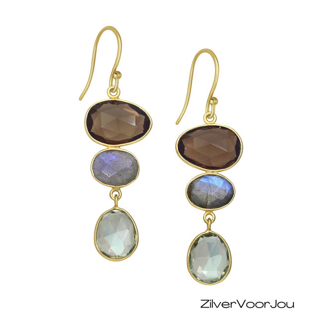 925 zilveren gold plated oorhangers met labradoriet, rookkwarts en groene amethist