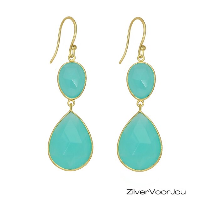Elegante 925 zilveren gold plated oorhangers met aqua chalcedoon